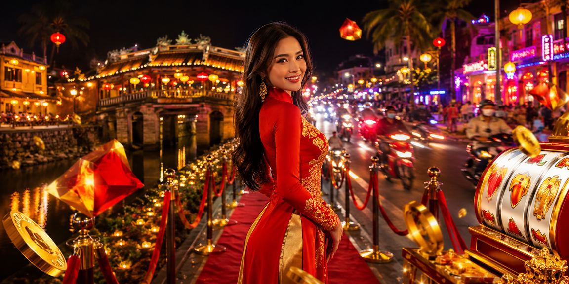 Người mặc áo dài tại Hội An trải nghiệm game slot trực tuyến trên thiết bị di động